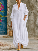 Women's Solid Color Loose Linen V-neck Drawstring Hem Long Sleeve Maxi Dress ZMZ2781G1XT