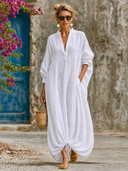 Women's Solid Color Loose Linen V-neck Drawstring Hem Long Sleeve Maxi Dress ZMZ2781G1XT