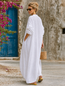 Women's Solid Color Loose Linen V-neck Drawstring Hem Long Sleeve Maxi Dress ZMZ2781G1XT