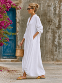 Women's Solid Color Loose Linen V-neck Drawstring Hem Long Sleeve Maxi Dress ZMZ2781G1XT