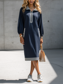 Women's Stylish Navy Blue High-Stretch Cotton Long-Sleeve Sweatshirt Dress ZMZ2700G7SWL