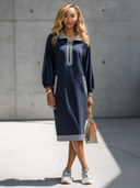 Women's Stylish Navy Blue High-Stretch Cotton Long-Sleeve Sweatshirt Dress ZMZ2700G7SWL