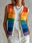 Women's Retro Casual Knitted Rainbow Striped Button Vest ZMZ2839G1ZJY