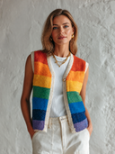 Women's Retro Casual Knitted Rainbow Striped Button Vest ZMZ2839G1ZJY