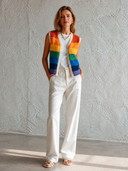 Women's Retro Casual Knitted Rainbow Striped Button Vest ZMZ2839G1ZJY