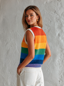 Women's Retro Casual Knitted Rainbow Striped Button Vest ZMZ2839G1ZJY