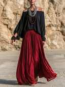 Women Boho 2 Piece Outfit Off Shoulder Batwing Sleeve Top High Waist Flowy Wide Leg Palazzo Pants Casual Matching Set ZMZ2874G4YZH