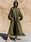Women Army Green Half Zip Midi Dress Balloon Elastic Cuff Sleeve Side Pockets Fringe Hem Loose Casual Tunic Dress ZMZ2896G7YZH