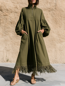 Women Army Green Half Zip Midi Dress Balloon Elastic Cuff Sleeve Side Pockets Fringe Hem Loose Casual Tunic Dress ZMZ2896G7YZH