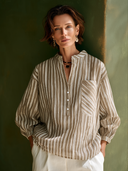 Women's Casual Striped Cotton V-Neck Long-Sleeve Top ZMZ2838G7SWL