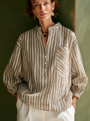 Women's Casual Striped Cotton V-Neck Long-Sleeve Top ZMZ2838G7SWL