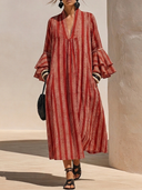 Women's French-style Elegant Vertical-striped Cotton-linen V-neck Flared-sleeve Loose Maxi Dress ZMZ2704G8ZYY