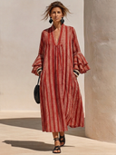 Women's French-style Elegant Vertical-striped Cotton-linen V-neck Flared-sleeve Loose Maxi Dress ZMZ2704G8ZYY
