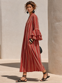 Women's French-style Elegant Vertical-striped Cotton-linen V-neck Flared-sleeve Loose Maxi Dress ZMZ2704G8ZYY