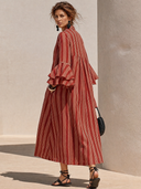 Women's French-style Elegant Vertical-striped Cotton-linen V-neck Flared-sleeve Loose Maxi Dress ZMZ2704G8ZYY