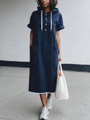 Women's Casual Navy Washed Cotton Hooded Short-Sleeve Midi Dress ZMZ2868G7SWL
