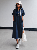 Women's Casual Navy Washed Cotton Hooded Short-Sleeve Midi Dress ZMZ2868G7SWL