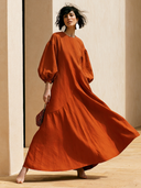Women's French-style Elegant Round Neck And Lantern Sleeves Cotton-linen Loose Maxi Dress ZMZ2735G9ZYY