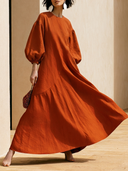 Women's French-style Elegant Round Neck And Lantern Sleeves Cotton-linen Loose Maxi Dress ZMZ2735G9ZYY
