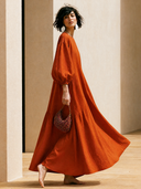 Women's French-style Elegant Round Neck And Lantern Sleeves Cotton-linen Loose Maxi Dress ZMZ2735G9ZYY