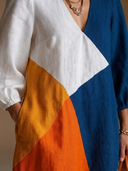 Women's French-style Elegant V-neck, Lantern Sleeves, And A Multi-color Patchwork Design Cotton-linen Loose Maxi Dress ZMZ2789G7ZYY