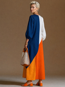 Women's French-style Elegant V-neck, Lantern Sleeves, And A Multi-color Patchwork Design Cotton-linen Loose Maxi Dress ZMZ2789G7ZYY