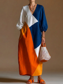 Women's French-style Elegant V-neck, Lantern Sleeves, And A Multi-color Patchwork Design Cotton-linen Loose Maxi Dress ZMZ2789G7ZYY
