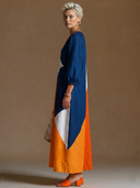 Women's French-style Elegant V-neck, Lantern Sleeves, And A Multi-color Patchwork Design Cotton-linen Loose Maxi Dress ZMZ2789G7ZYY