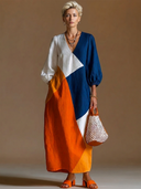 Women's French-style Elegant V-neck, Lantern Sleeves, And A Multi-color Patchwork Design Cotton-linen Loose Maxi Dress ZMZ2789G7ZYY