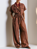 Women Premium Linen Blend Jumpsuit Collared Button Front Short Sleeve Drawstring Waist Wide Leg Pocketed Casual Vacation Romper ZMZ2848G0YZH