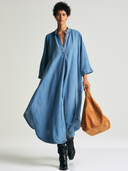 Women Washed Denim Maxi Kaftan Dress Stand Collar Half Placket 3/4 Sleeve Oversized Loose Casual Long Tunic ZMZ2838G2YZH