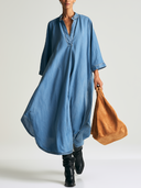 Women Washed Denim Maxi Kaftan Dress Stand Collar Half Placket 3/4 Sleeve Oversized Loose Casual Long Tunic ZMZ2838G2YZH