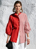 Women's French-style Elegant Cotton-linen Blend Vertical Stripe Lantern-sleeve Shirt ZMZ2771G5ZYY