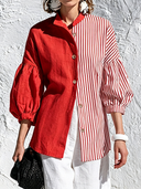 Women's French-style Elegant Cotton-linen Blend Vertical Stripe Lantern-sleeve Shirt ZMZ2771G5ZYY