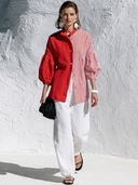 Women's French-style Elegant Cotton-linen Blend Vertical Stripe Lantern-sleeve Shirt ZMZ2771G5ZYY