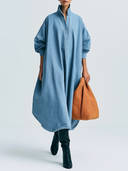 Women Light Wash Denim Midi Dress Stand Collar Half Placket Lantern Sleeve Oversized Loose Irregular Hem Casual Tunic Dress ZMZ2882G5YZH
