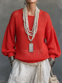 Women's Premium Minimalist Vintage Red Crew Neck And Lantern Sleeves Loose-Fit Sweater ZMZ2790G8ZYY