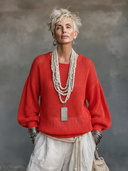 Women's Premium Minimalist Vintage Red Crew Neck And Lantern Sleeves Loose-Fit Sweater ZMZ2790G8ZYY