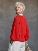 Women's Premium Minimalist Vintage Red Crew Neck And Lantern Sleeves Loose-Fit Sweater ZMZ2790G8ZYY