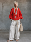 Women's Premium Minimalist Vintage Red Crew Neck And Lantern Sleeves Loose-Fit Sweater ZMZ2790G8ZYY