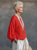 Women's Premium Minimalist Vintage Red Crew Neck And Lantern Sleeves Loose-Fit Sweater ZMZ2790G8ZYY