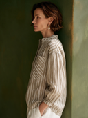 Women's Casual Striped Cotton V-Neck Long-Sleeve Top ZMZ2838G7SWL