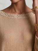 Women Oversized Knit Tunic Top Lace Trim Boat Neck Batwing 3/4 Sleeve Loose Longline Casual Sweater ZMZ2251G4YZH