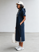 Women's Casual Navy Washed Cotton Hooded Short-Sleeve Midi Dress ZMZ2868G7SWL