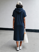 Women's Casual Navy Washed Cotton Hooded Short-Sleeve Midi Dress ZMZ2868G7SWL