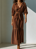Women's Retro Casual Corduroy Lapel Long Sleeve Maxi Dress ZMZ2839G3ZJY