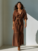 Women's Retro Casual Corduroy Lapel Long Sleeve Maxi Dress ZMZ2839G3ZJY