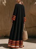 Women Linen Blend Kaftan Maxi Dress V Neck Color Striped Trim Wide Sleeve Loose Bohemian Vacation Long Caftan ZMZ2865G2YZH