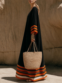 Women Linen Blend Kaftan Maxi Dress V Neck Color Striped Trim Wide Sleeve Loose Bohemian Vacation Long Caftan ZMZ2865G2YZH