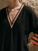 Women Linen Blend Kaftan Maxi Dress V Neck Color Striped Trim Wide Sleeve Loose Bohemian Vacation Long Caftan ZMZ2865G2YZH